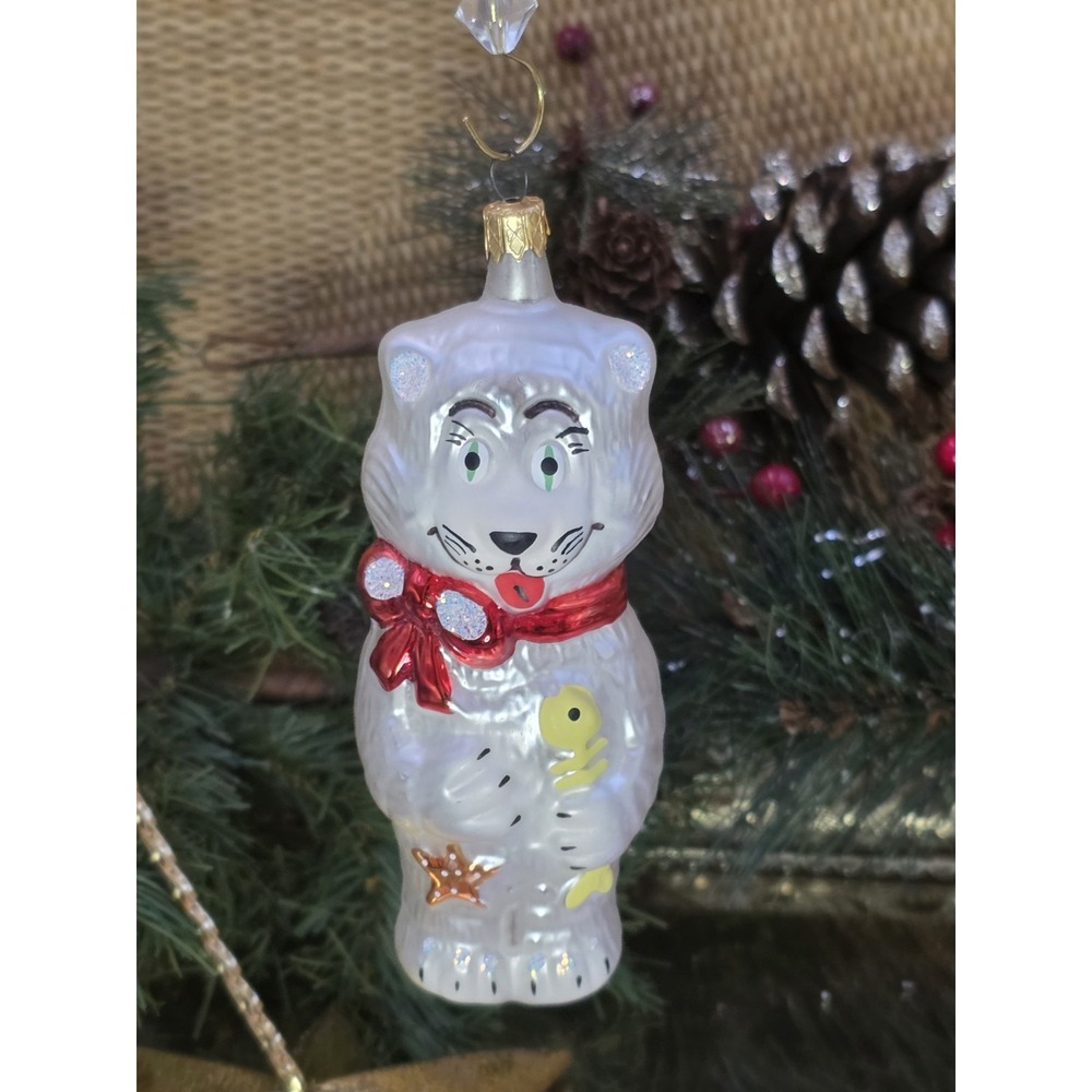 Kurt Adler Glass Cat Ornament White Red Bow Fish Star Vintage 5.5"